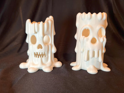 Halloween Skull Candle Pair: Gothic Melting Wax LED Decor