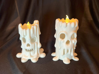 Halloween Skull Candle Pair: Gothic Melting Wax LED Decor